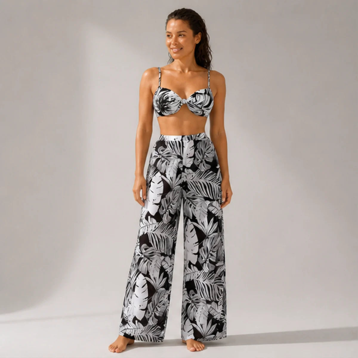 Dune Trouser Swim Set — Black & White Palm AI model front v2