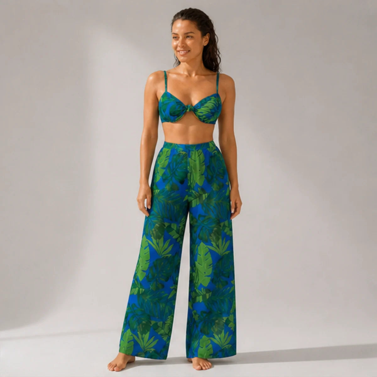 Dune Trouser Swim Set — Blue Green Palm AI model front v2