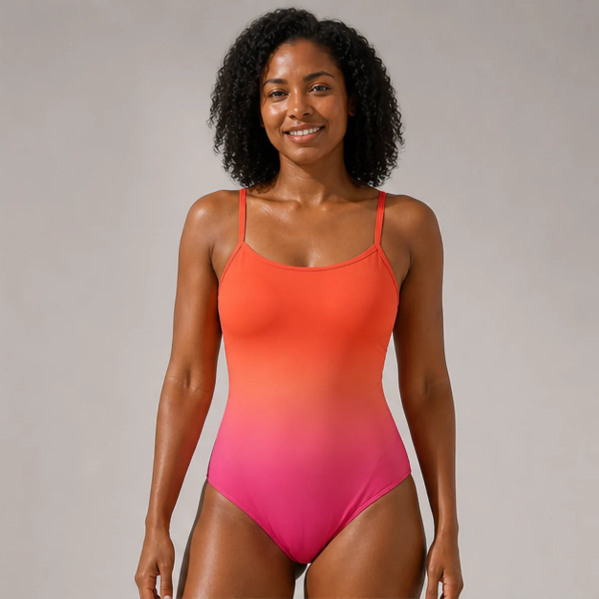 Mosaic Crossback One-Piece — Orange Pink Gradient AI model front v2