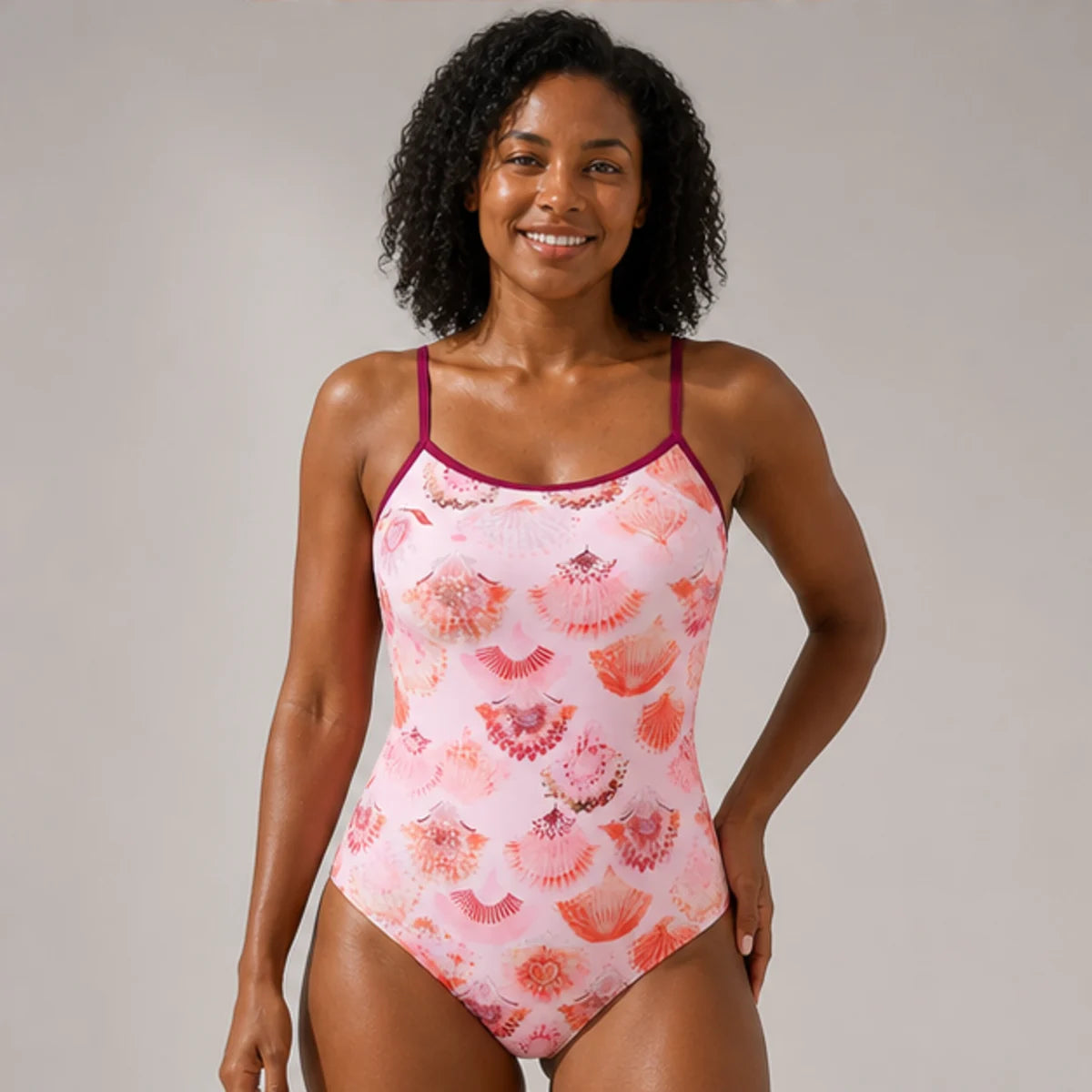 Mosaic Crossback One-Piece — Pink Seashell AI model front v2