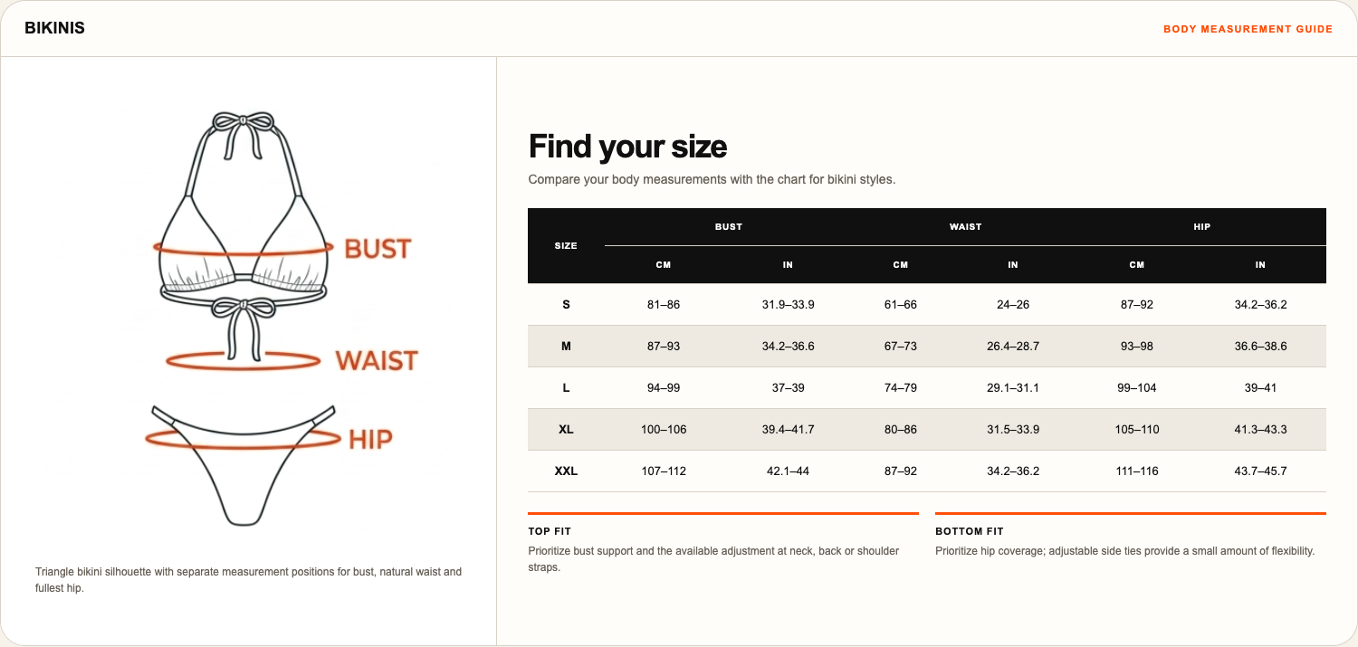 SEREVIA SWIM Bikinis size chart with bikini line drawing and bust, waist and hip measurements