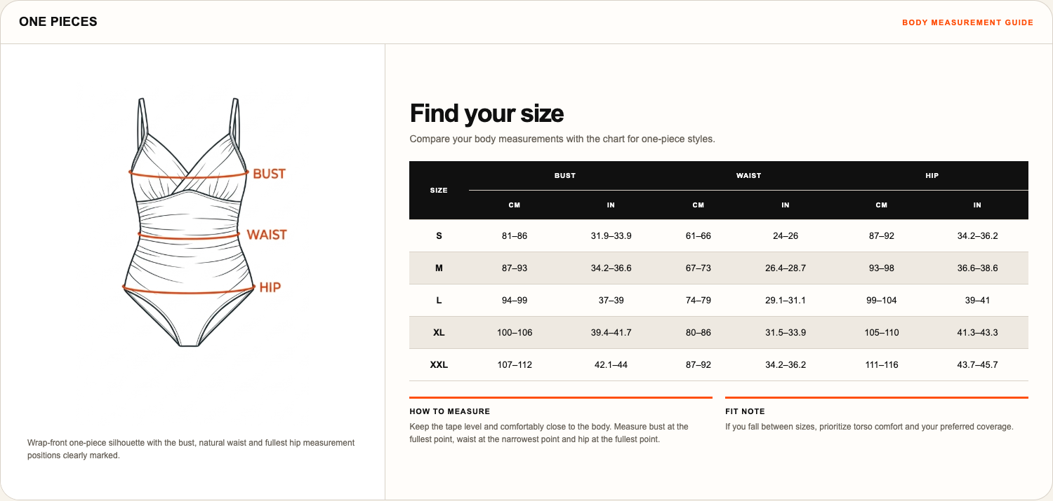 SEREVIA SWIM One Pieces size chart with one-piece line drawing and bust, waist and hip measurements