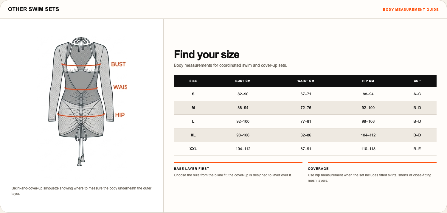 SEREVIA SWIM coordinated Swim Sets size chart with bikini and mesh cover-up line drawing